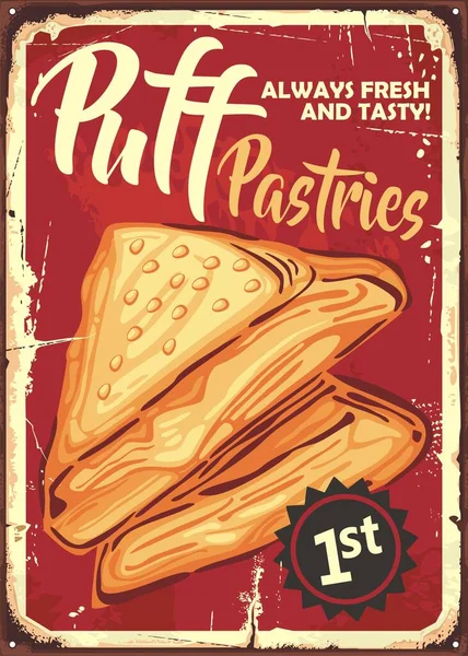 Puff Pastries Vector Vintage Old Metal Background Retro Poster Design — Stock Vector