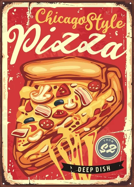 Σικάγο Στυλ Βαθύ Πιάτο Πίτσα Vintage Σχέδιο Πινακίδας Για Εστιατόριο — Διανυσματικό Αρχείο