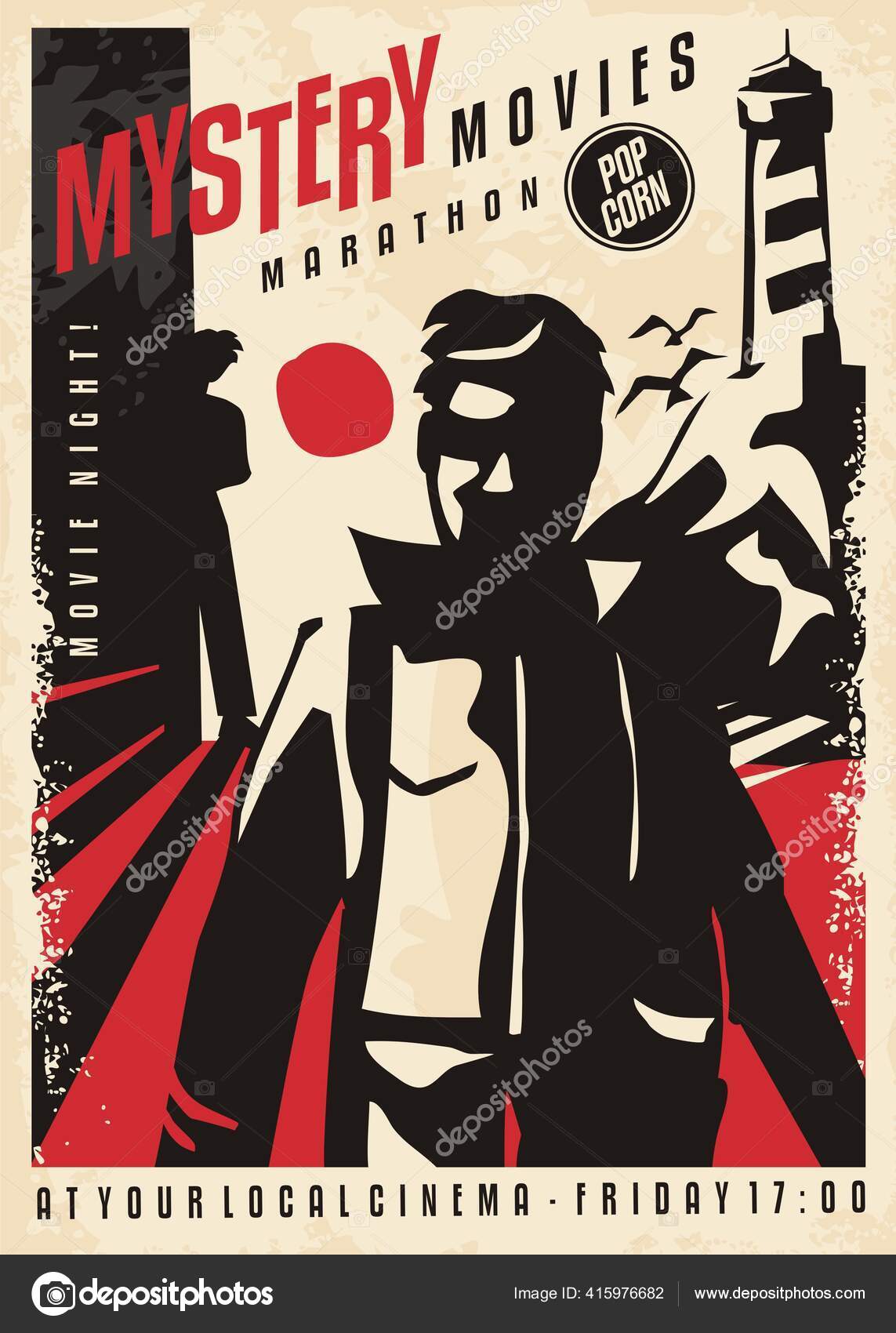 Mystery Movies Poster Design Man Walking Little Coastal Town Shady