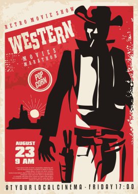 Silahlı adamın düelloda silahını çekmeye hazır olduğu bir Retro Western film posteri. Kovboy klasik sinema reklamı çiziyor. Vektör film broşürü.
