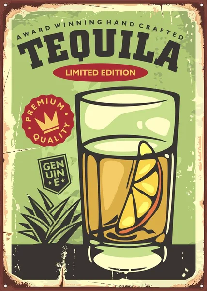 Glas Tequila Met Citroenschijfje Vintage Barteken Retro Poster Voor Een — Stockvector