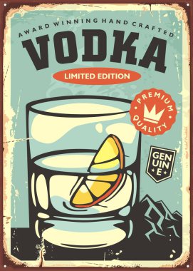 Kafe bar ya da bar için limon dilimli bir bardak votka. Alkolik içecek vintage işaret şablonu.