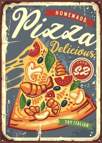 Pizza Skiva Med Smält Ost Retro Metall Skylt Styrelse Design — Stock vektor