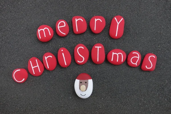 Feliz Navidad Texto Con Piedras Color Rojo Santa Claus Cara — Foto de Stock