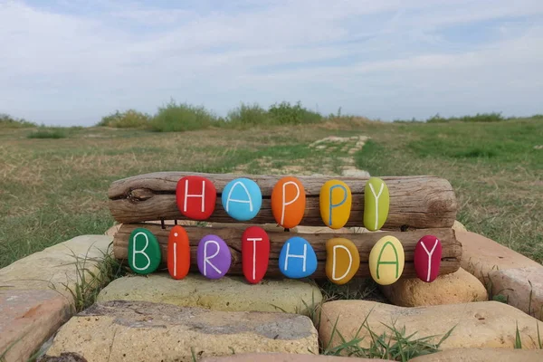 Boldog Születésnapot Kompozíció Színes Kövek Erdők Természet Háttér Tégla — Stock Fotó