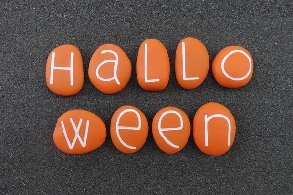 Halloween Text Composed Orange Painted Stones Natural Black Volcanic Sand — Stock Photo, Image