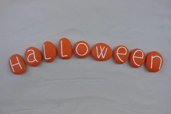 Halloween Text Composed Orange Colored Sea Stones White Sand — Stock Photo, Image