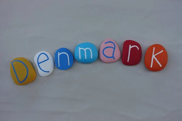 Denemarken Landnaam Samengesteld Met Gekleurde Stenen Witte Zand — Stockfoto