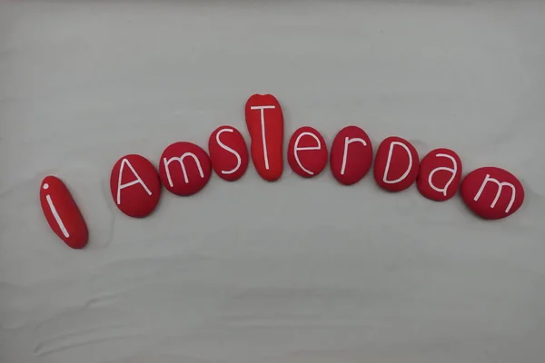 Adore Amsterdam Souvenir Avec Des Pierres Couleur Rouge Sur Sable — Photo