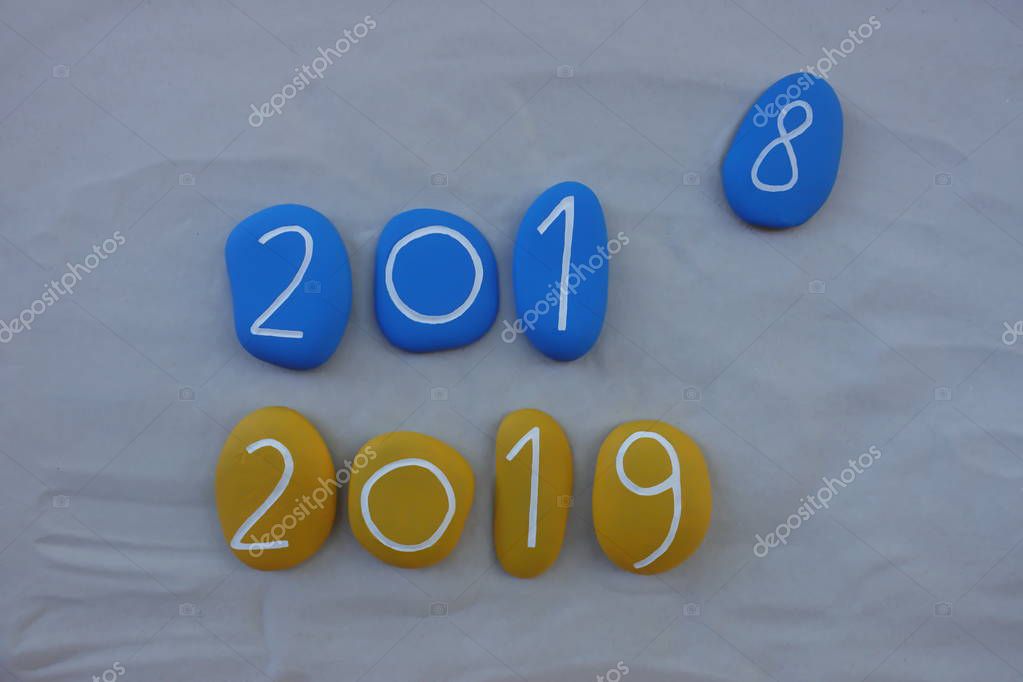 Bye 2018, Welcome 2019 with blue and yellow colored stones