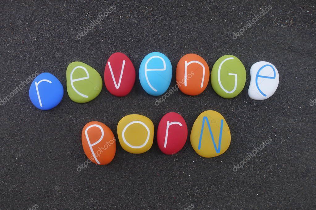 Revenge porn, distribution of sexually explicit images or video of individuals without their permission, text with multi colored stones over black volcanic sand