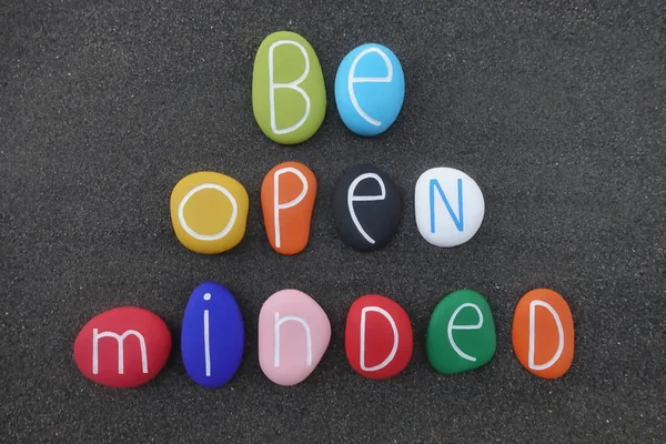 Open Minded Composed Colored Stone Letters Black Volcanic Sand — Stock Photo, Image