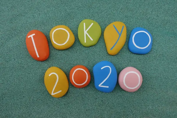 Tokyo 2020 Composed Multi Colored Stone Letters Numbers Green Sand — Stock Photo, Image