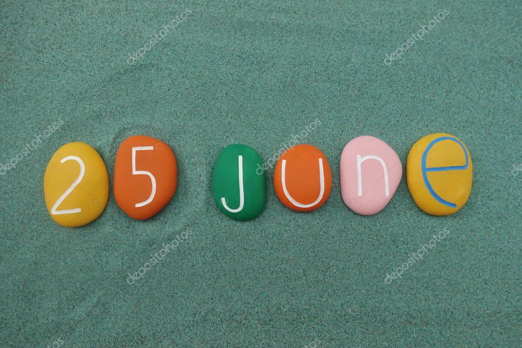 25 June, calendar date composed with multi colored stones over green sand