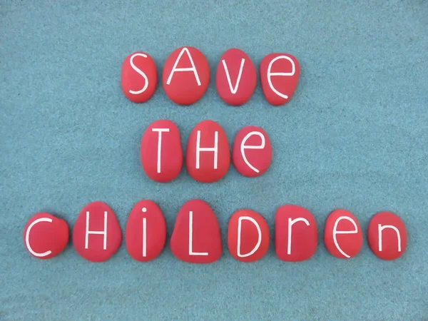 Salva Bambini Slogan Unico Composto Lettere Pietra Colore Rosso Sabbia — Foto Stock