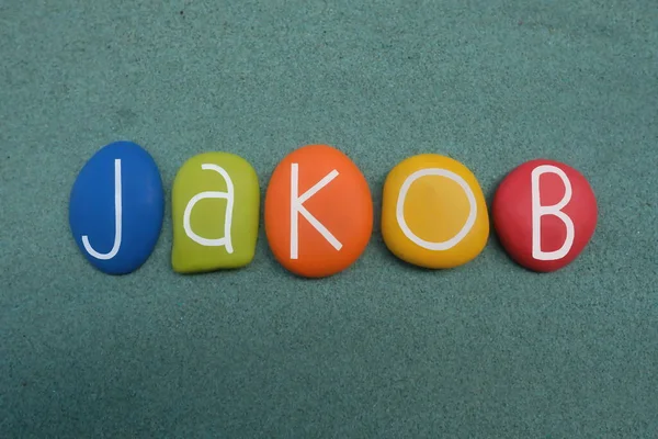 Jakob Nome Próprio Masculino Composto Com Letras Pedra Multicoloridas Sobre — Fotografia de Stock