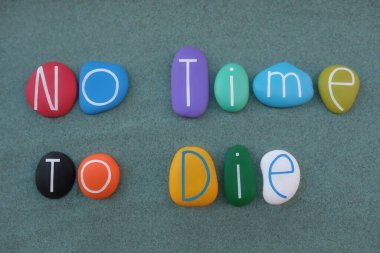 Ölmek için zaman yok, sosyal mesele ve slogan yeşil kumların üzerine çok renkli taş harflerle yazılmış.