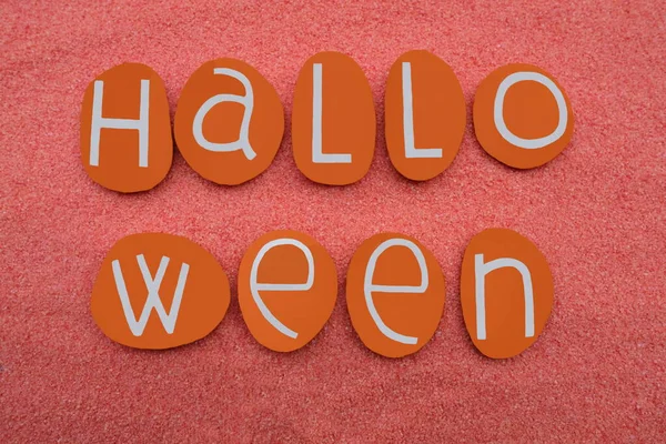 Halloween Text Orange Stone Letters Orange Colored Sand — Stock Photo, Image