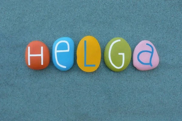 Helga Scandinavische Vrouwelijke Voornaam Samengesteld Met Veelkleurige Stenen Letters Boven — Stockfoto
