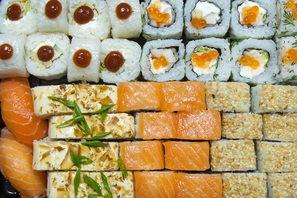 Close Van Verse Sappige Heerlijke Sushi Set Bovenaanzicht Voor Ontwerp Stockfoto