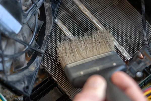 desktop computer dust cleaning with tassel. cpu cooling radiator system with dust and web.
