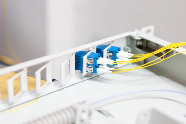 Trabajador comunica cable de fibra óptica en opto box. instalación de nuevo — Foto de Stock