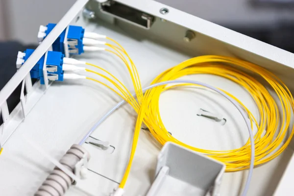 Trabajador comunica cable de fibra óptica en opto box. instalación de nuevo — Foto de Stock
