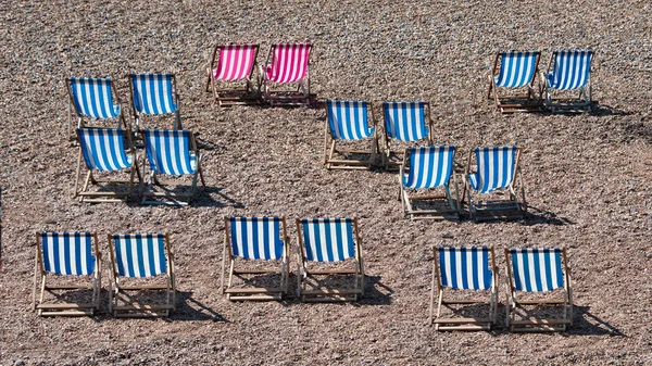Deckchairs Lined Pebble Beach Seaside People Photograph Two Striped Chairs — Stock Photo, Image