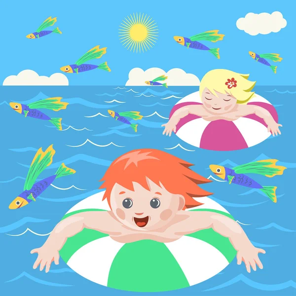 Niños Mar Ilustración Vectorial Niño Una Niña Que Nadan Mar — Vector de stock