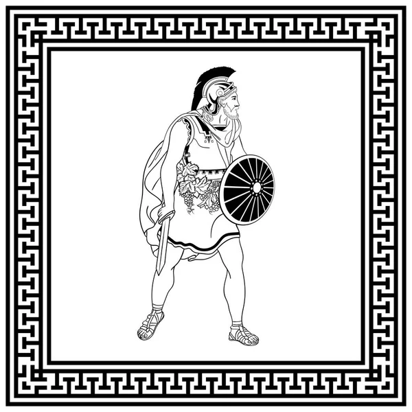 Ilustración Vectorial Blanco Negro Guerrero Antigua Roma Con Espada Escudo — Vector de stock