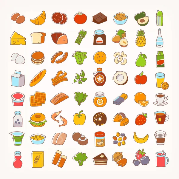 Reihe Von Bunten Linienstrichen Symbole Von Lebensmittelgruppen Und Waren Große — Stockvektor