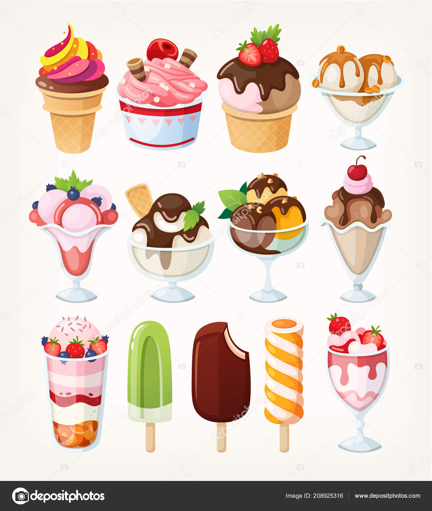 様々な味 カップと様々なトッピングベクトル漫画アイスクリームアイコンのセット 孤立したイラスト ストックベクター ©moonkin 208925316, image size:1440x1700