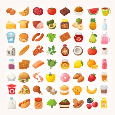Big number of foods from various categories. Isolated vector icons clipart
