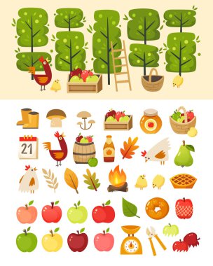 A scene with apple garden trees and elements in front of it. Plus icons of various apple theme items, foods and containers.  Isolated vector illustrations clipart