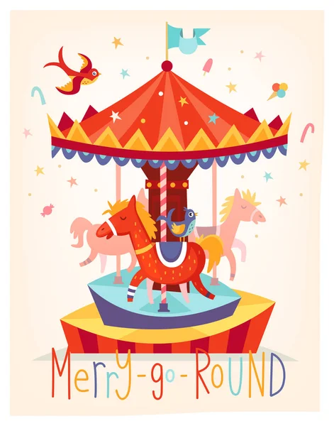 Vector Card Merry Carousel Fun Fair Festival Poster — Stock Vector