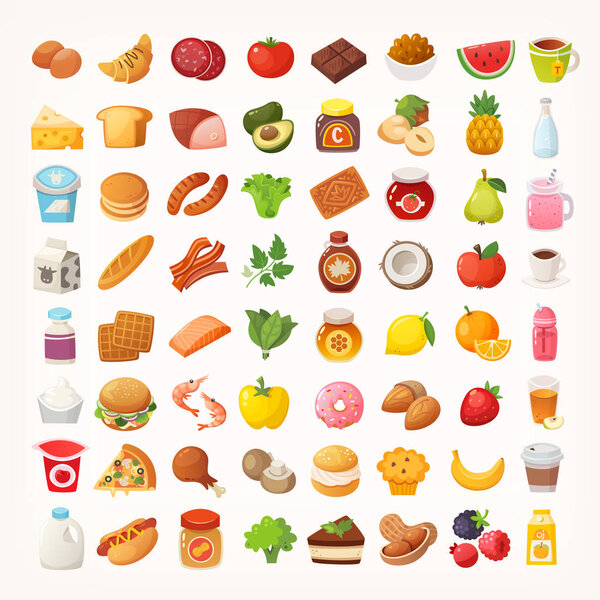 Big number of foods from various categories. Isolated vector icons