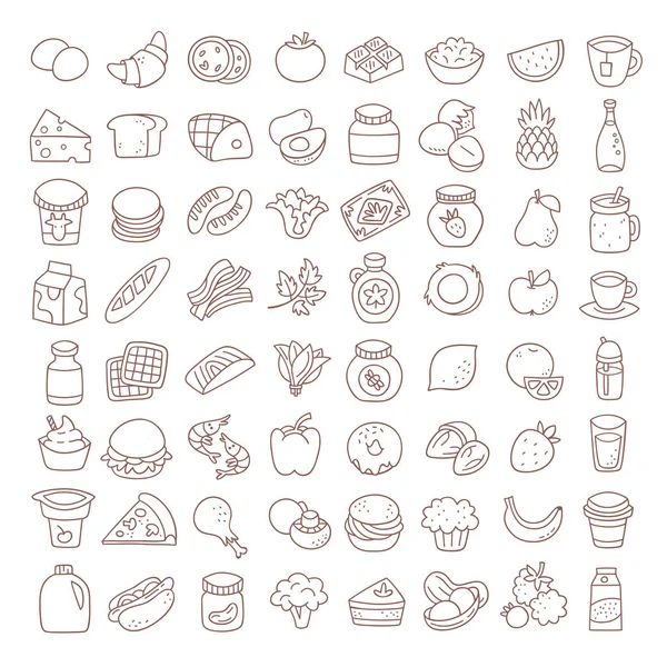 Ensemble Icônes Alimentaires Plates Minces Éléments Vectoriels — Image vectorielle