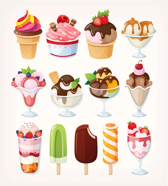 Conjunto Iconos Helados Dibujos Animados Vectoriales Diferentes Sabores Tazas Con — Vector de stock