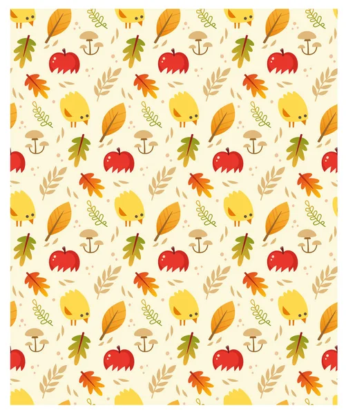 Seamless Vector Autumn Pattern Leaves Apples Baby Chicken — Stock Vector