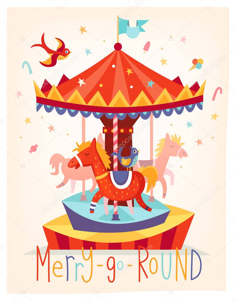 Vector card with merry go round carousel. Fun fair festival poster
