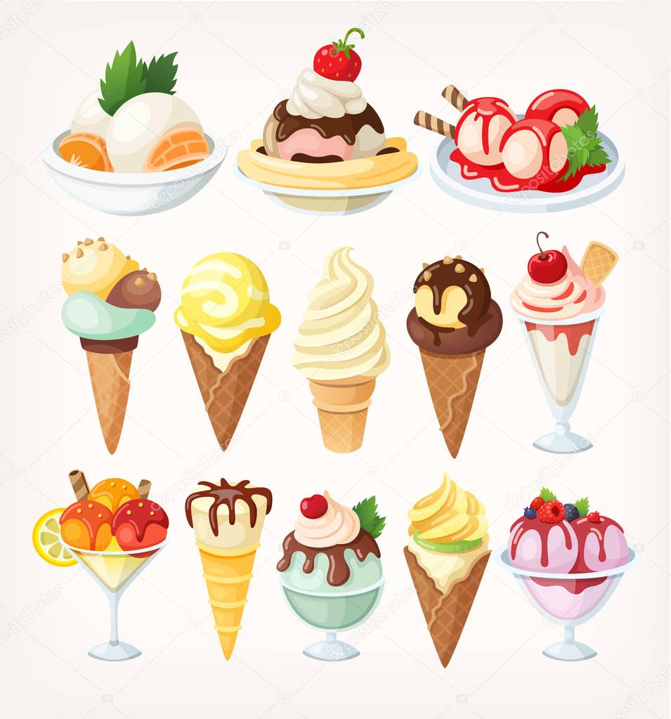Set of colorful ice creams in waffle cups and cones and in glasses. Isolated vector illustration