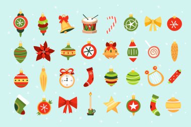 Noel öğeleri kümesi. Retro süslemeleri kış tatilleri için. Vektör düz simgeler.