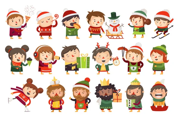 Personajes Navideños Niños Adultos Celebrando Las Próximas Fiestas Varias Actividades — Vector de stock