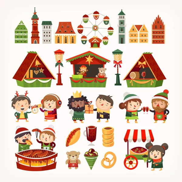 一套圣诞市场元素 经典的欧洲建筑 出售商品的帐篷 人们烹饪冬季食品 矢量插图 — 图库矢量图片
