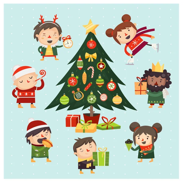 Niños Dibujos Animados Adultos Reunieron Alrededor Del Árbol Navidad Decorado — Vector de stock