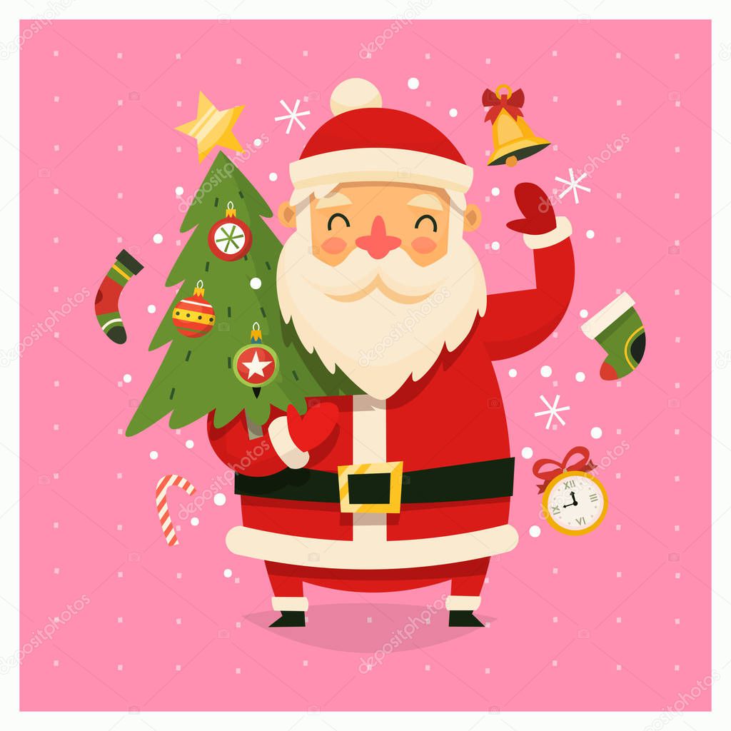 Christmas card with Santa Claus carrying tree decorated with traditional christmas elements. Vector cartoon illustration