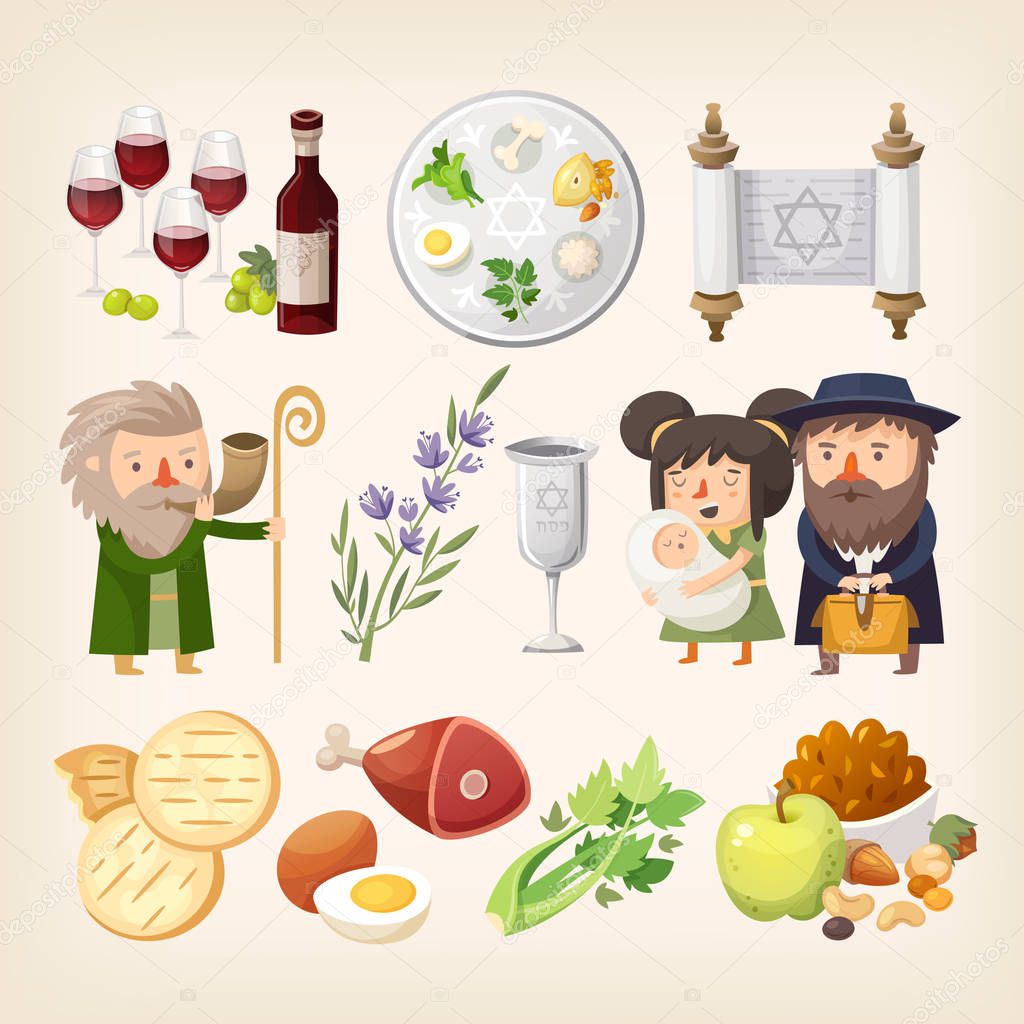 Set of images related to Passover or Pesach  - traditional Jewish holiday. 