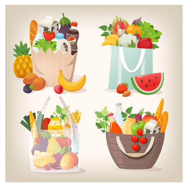 Sacos de compras de supermercado cheios de alimentos — Vetor de Stock
