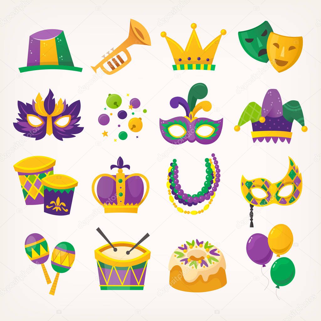 Set of colorful attributes for celebrating Mardi Gras - traditional spring holiday