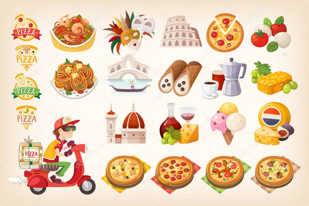 Set of colorful images of Italian elements. Symbols of Italy. Isolated vector icons